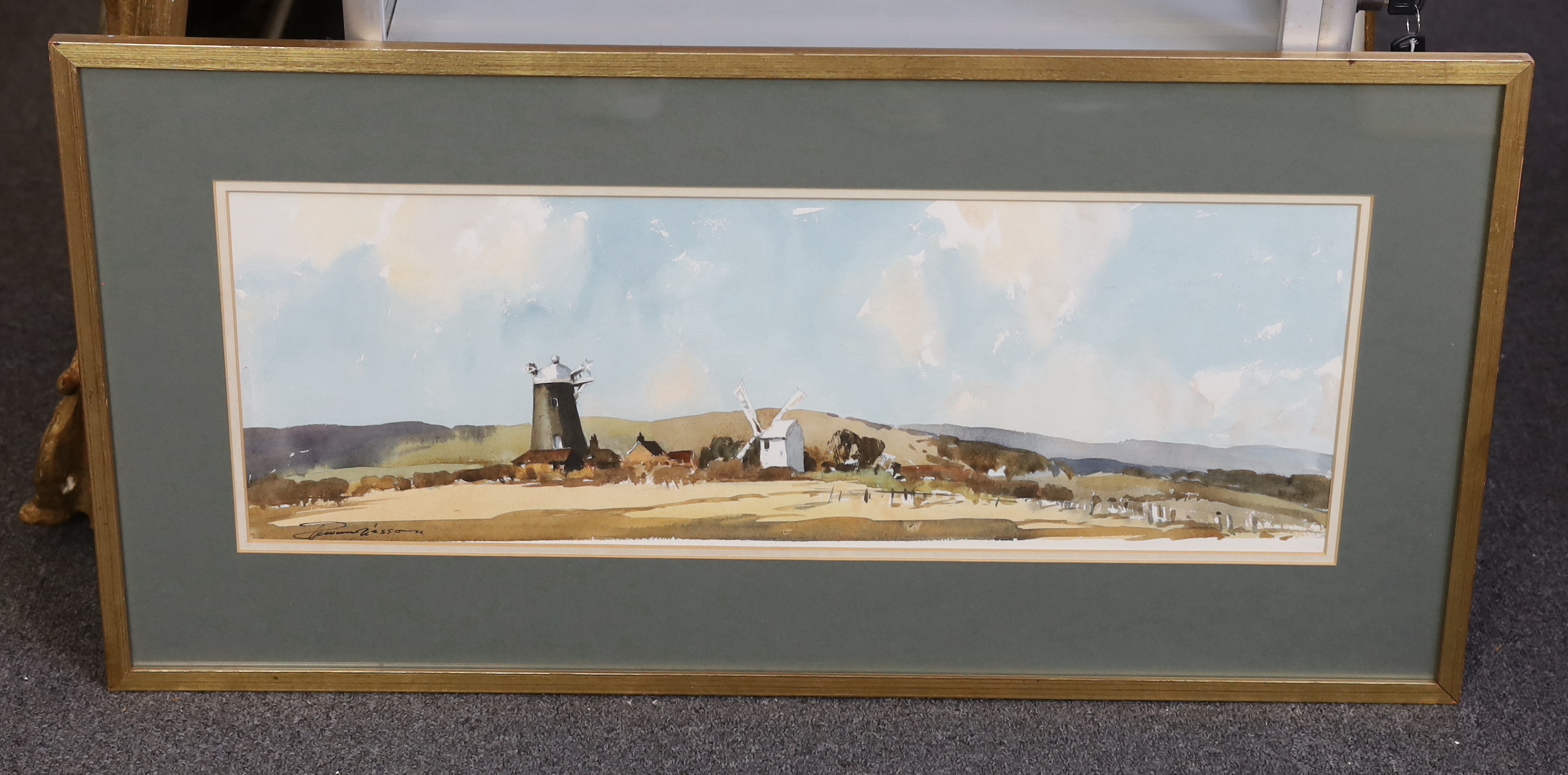 Edward Wesson RI RSMA (1910-1983), watercolour, 'A View of the Jack and Jill Mills at Clayton', signed, 23.5 x 68cm